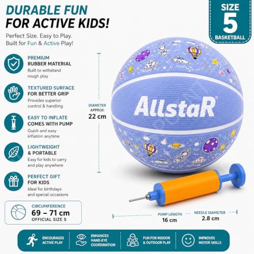 Image of PLUSPOINT Kids Basketball with Air Pump | Colorful Printed Rubber Basketball for Indoor & Outdoor Play | Training Sports Ball for Kids | Easy Grip Basketball for Boys and Girls