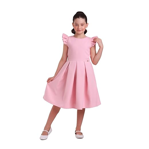 Vestido infantil com mangas babados e saia de pregas, perfeito para festas, formaturas e ocasiões especiais