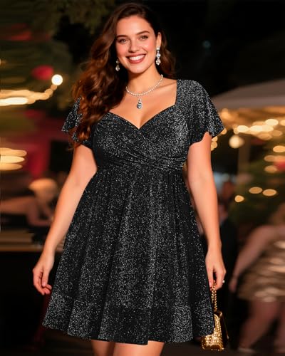 Plus Size Cocktail Dress - Sparkly New Year Eve Party Holiday Wrap V Neck Short Dress2