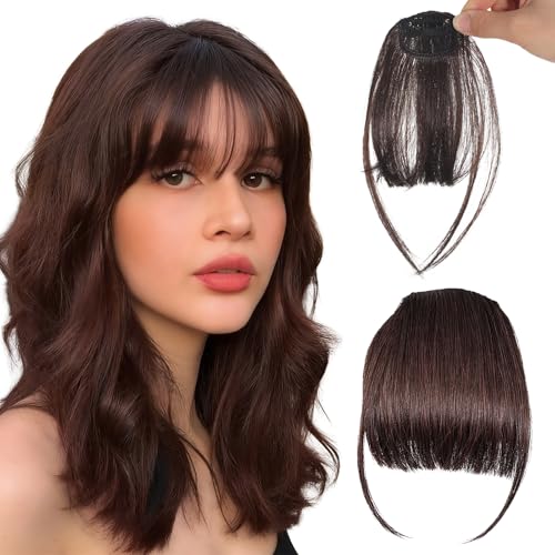 PureSphere 100% Real Human Hair Clip in Bangs Natural Wispy Air Fringe with Temples Dark Brown Clip on Hair Extensions Heat-Resistant Fake Bangs for Women Daily Wear