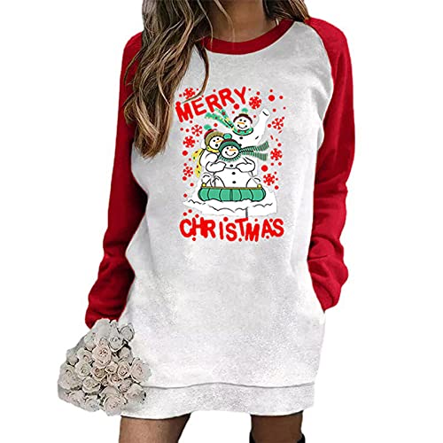 Wirziis Christmas Sweatshirts Dresses For Women Color Block Long Sleeve Pullover Tops Oversized Pockets Fall Dress #TOP4