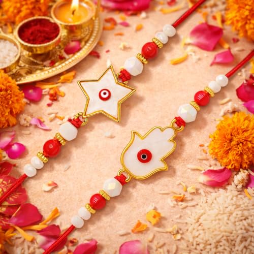 Image of Riddhika Ventures Elegant Evil Eye Rakhi for Protection from Negative Energy (Set Of 2) With Roli Chawal And Greeting Card (V1W1)
