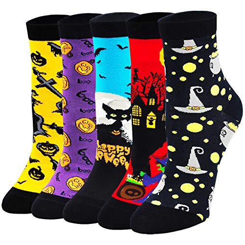 Halloween Socks for Women Funny Cotton Crazy Socks Novelty Pumpkin Bat Pattern Colourful Happy Halloween Party Design Socks Fancy Dress Up Costume Party Accessories 5 Pairs 4-9 Halloween