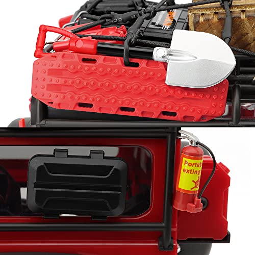 GLOBACT 1/24 1/18 RC Crawler Accessories Car Roof Decoration Luggage Net, Recovery Board, Fire Extinguisher, Toolbox, Wood Box, Shovel for 1/18 TRX4M 1/24 Axial SCX24 Upgrade (12Pcs Black Red)