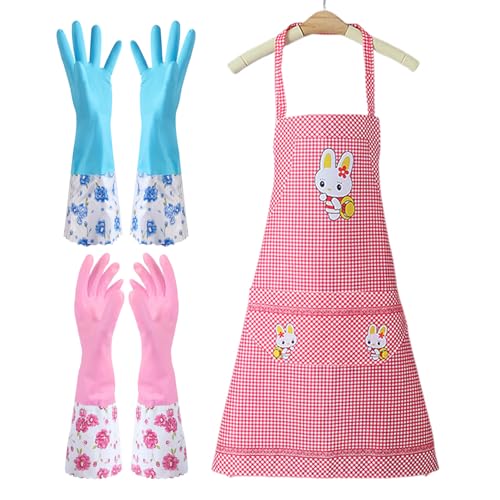 EHDWXVZM 2 Paia Di Guanti Per Lavastoviglie, 1 Grembiule, Guanti Per La Pulizia Della Casa, Guanti A Bocca Larga A Maniche Lunghe, Set Protettivo Per Lavastoviglie E Pulizia