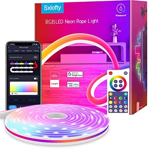 Sxlofty Neon Rope Lights, 10ft LED Strip Lights,RGB Rope Lights with Music Sync,DIY Lighting Mode, Compatible with Alexa,Google Assistant,LED Neon Lights for Bedroom, Living Room, Gaming Dcor