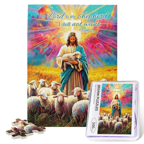 Christian Puzzles for Adults 500 Pieces Religious Bible Verses Jigsaw Puzzles Inspirational Jesus and Lamb Challenging Wooden Puzzle for Family Unzip Game