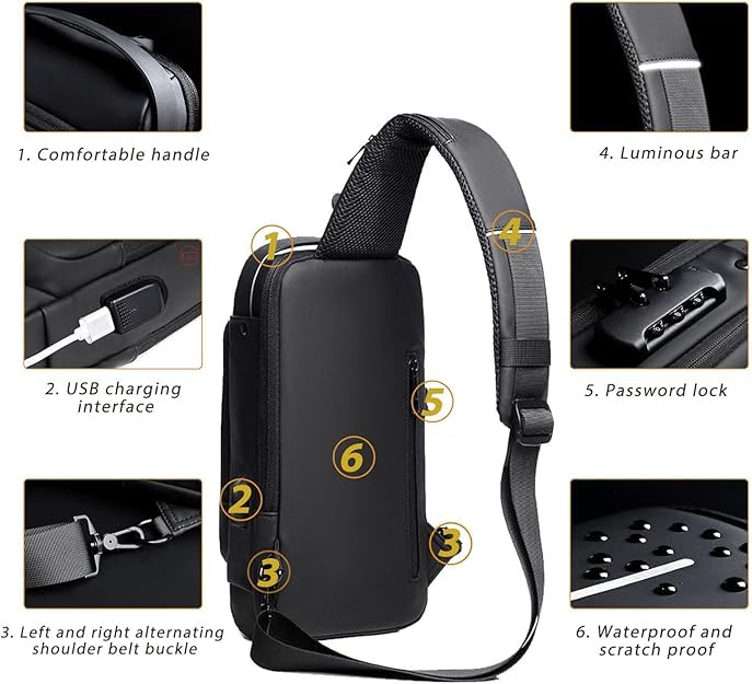 Image of Handcuffs Waterproof Polyester Slim Unisex Crossbody Sling Bag Chest Backpack Men's Shoulder Bag, Leisure Travel Handbag, Hard Shell Anti-Theft Chest Bag