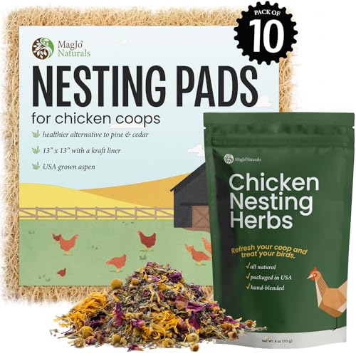 Image of MagJo Aspen Nesting Pads for Chicken Coops - USA Grown Aspen Excelsior Nest Box Liners 13x13-10 Pack with 4 oz Nesting Herbs
