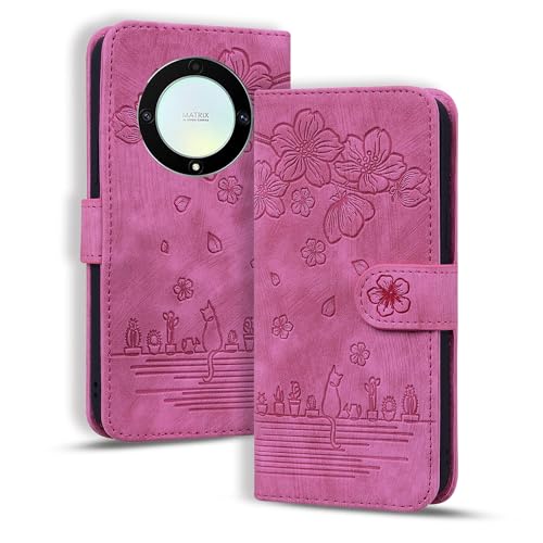 Custodia Compatibile con Honor Magic 5 Lite Premium Magnetica Flip Cover Funzione Supporto Portafoglio 5 Lite 5G di Gatto rosa rosso pelle