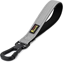 PLUTUS PET Short Dog Lead, Reflective Nylon Padded Handle, Strong Traffic Lead with Carabiner Clip, Perfect for Large or Medium Dogs (25cm，Gray)
