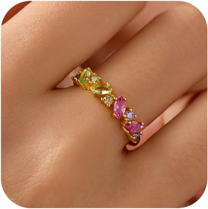 Beautifully Broken Ring Self Love Rings for Her 14K Gold Plated Birthstone Rings for Women 925 Sterling Silver Colorful Gemstone Cubic Zirconia Ring Stackable Birthday Encouragement Christmas Gifts