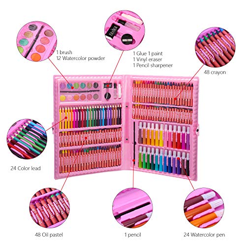 H & B 168 Piece Deluxe Art Set for Kids, Drawing Art Supplies with Plastic Case, Include Crayon, Oil Pastel, Color Pencils,Watercolor Markers and More Drawing Tools, Art School Stationery Set-Pink