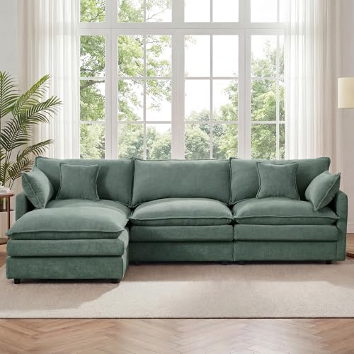 Image of 102 inch L Shaped Modular Sectional Sofa, Comfy Upholstery Chenille Cloud Couch with Ottoman, Modern 4-Seat Deep Seat Sofa with Pillow for Living Room, Bedroom, Apartment, Sage Green
