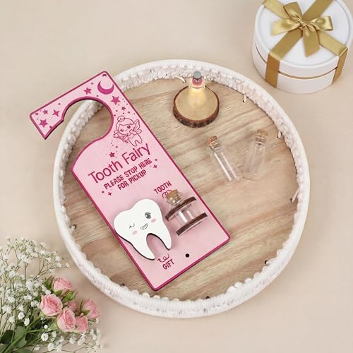 Image of DoubleFill Fairy Tooth Gift Holder Bag Door Hanger Lost Teeth Keepsake Box Tooth Fairy Kit Stores Back to School Gift for Lost Teeth Boy Girl Primary School Classroom Gifts(Fresh,Pink Purple)