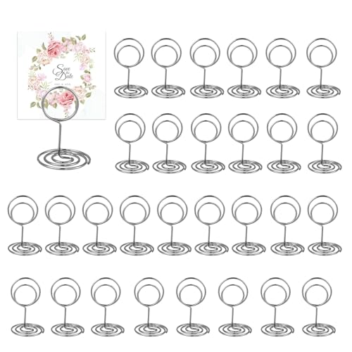 SHUOHONG 30 Piezas Plata Soportes para Números de Mesa, Soporte Fotos de Metal, Soportes para Tarjetas, Soporte para Mensajes, para Restaurantes Bodas Banquetes Fiestas Celebraciones (Redondo)