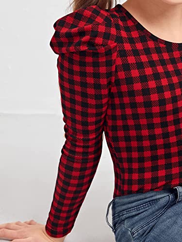 Image of Milumia Girl's Gingham Plaid Puff Sleeve Blouse Round Neck Casual School Shirt Top Red 10 Years