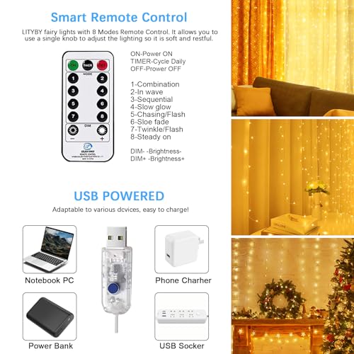 LITYBY 300 LED Curtain Fairy Lights, 3m x 3m USB Fairy Lights for Bedrooms, 8 Modes Curtain String Lights with Remote Control, Christmas Decor for Parties, Weddings (Warm White) - Image 5