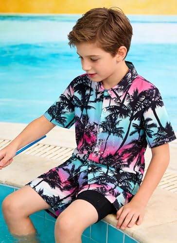 Image of UNICOMIDEA Boys Hawaiian Outfits Tropical Print Button Down Shirt + Swim Trunks 2 Piece Sets for 5-12T Kids