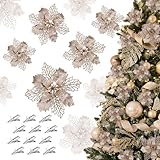 GWHOLE クリスマス 飾り オーナメント 21個入 クリップ付き ポインセチア 造花 クリスマスツリー飾り クリスマスリース 装飾 飾り付け ラメ入り キラキラ 自宅 店舗 玄関 シャンパン