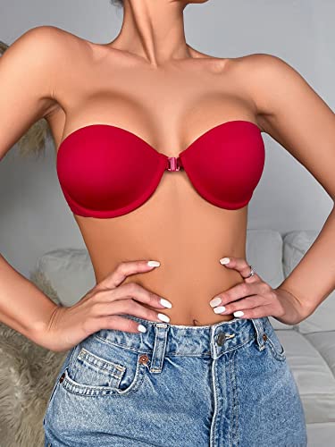 Soly Hux Women's Strapless Push Up Backless Padded Bras Solid Rose Red S #TOP3