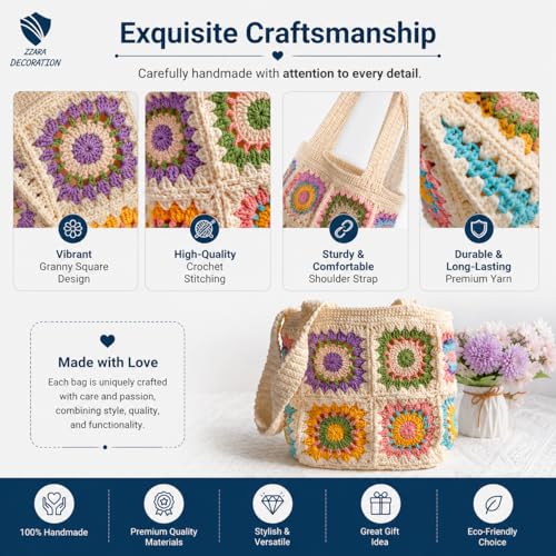 Image of Handcrafted Crochet Cotton Shoulder Bag, Handmade Granny Square Pattern Medium Size, Bohemian Style Beautiful Multicolor Handbag