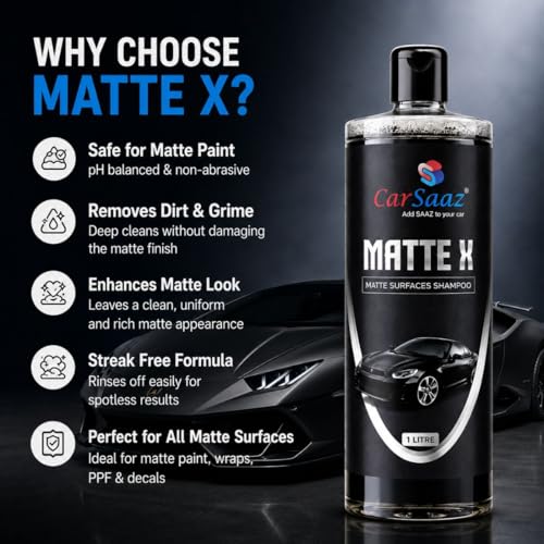 Image of CAR SAAZ Matte X Car & Bike Wash Shampoo (1 Ltr) with Washing Sponge Combo Pack | Matte Painted Cars, Bikes Shampoo | Wash, Shine & Protect | pH Neutral, Highly Effective (1000 ml)