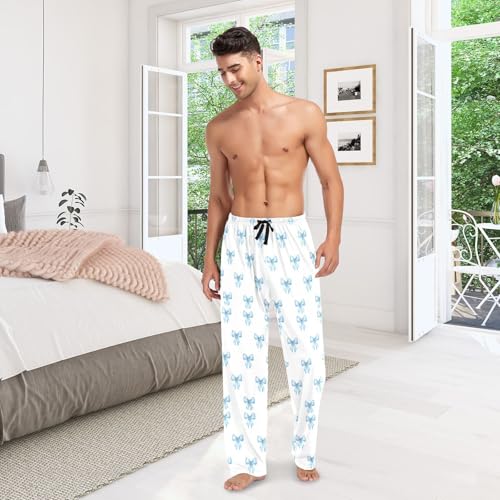 Men's Watercolor Blue Bows Pajama Pants with Pockets - Straight Fit Cotton Sleep Bottoms for Lounge & Nightwear#481 6