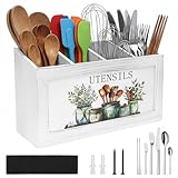 Large Kitchen Utensil Holder with 4 Compartments, Farmhouse Utensil Organizer, Cooking Tools Storage Utensils Caddy for Counter Decor, Utensils Caddy Countertop Spoon and Fork, 15.6 x 5.8 x 9 Inch