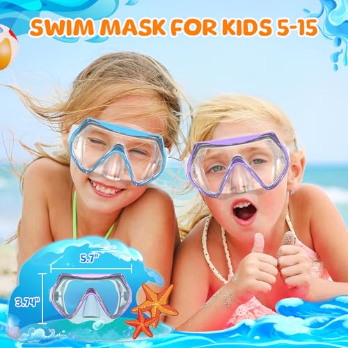 Jwintee Kids Swim Goggles, Swimming Snorkel Diving Mask with Nose Cover for Youth 6-14 Tempered-Glass 180°Panoramic View Anti-Fog 2 Pack