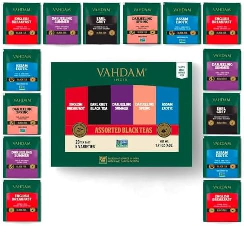 VAHDAM, Assorted Black Tea Bags Sampler (5 Flavors, 20 Pyramid Tea Bags) I Gift Ideas for Women & Men | Assam and Darjeeling Teas | Gluten Free & Non GMO | Gifts for Him/Her