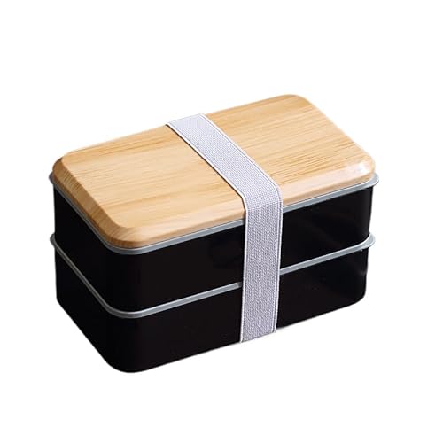 プレミアム大人用多機能弁当箱、本物の竹の蓋、100%漏れ防止、電子レンジと食器洗浄機対応、電子レンジ・食洗器対応、長角弁当、800、1200ml (2層,ブラック)