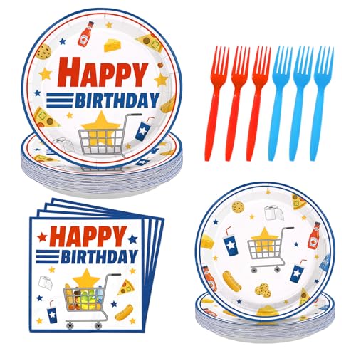 LADVCORP 96 Pcs Supermarket Grocery Theme Birthday Party Supplies Pizza Hot Dog Plates and Napkins Fast Food Themed Tableware Set for Adults Supermarket Birthday Party Supplies, Serves 24