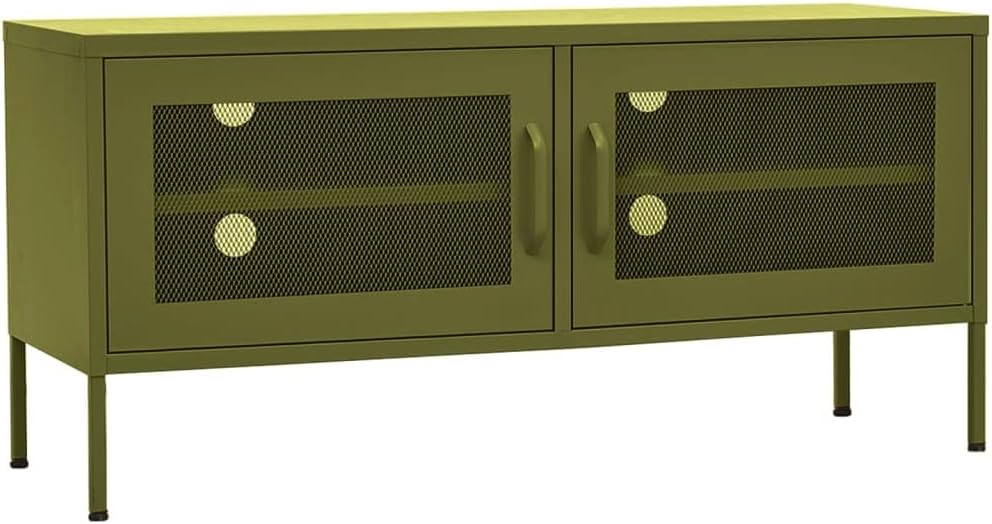vidaXL Steel TV Stand with Adjustable Levelers, Olive Green, 41.3"x13.8"x19.7", Industrial Cable-Management TV Cabinet with Mesh Doors and Interior Shelve