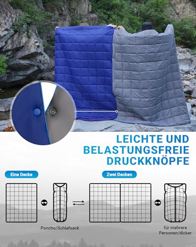 KingCamp Leichte Campingdecke, multifunktionale und warme Steppdecke mit Druckknopf, wasserabweisend, für Rucksack, Reisen, Flugzeug, Wandern, Picknick