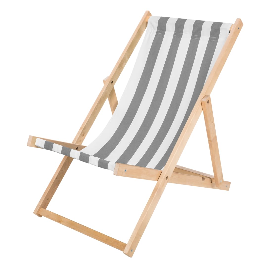 IMPWOOD Tumbona plegable de madera, tumbona de madera de haya, hasta 120 kg, silla plegable de madera para balcón, playa, terraza y camping, tumbona de jardín, tumbona de playa (gris y blanco a rayas)