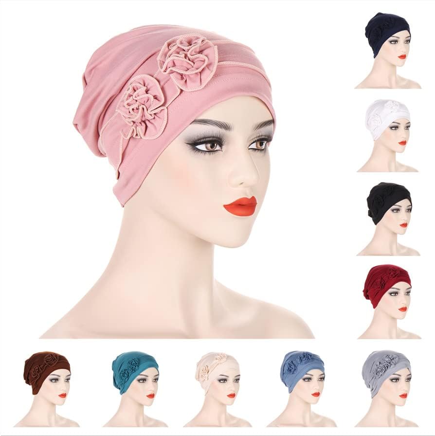 YYAOJHAO Flower Turban Hats for Women - Pre Tied Twist Solid Hedwrap Caps Chemo Cancer Headwear Headscarf Hair Loss Cover - Image 3