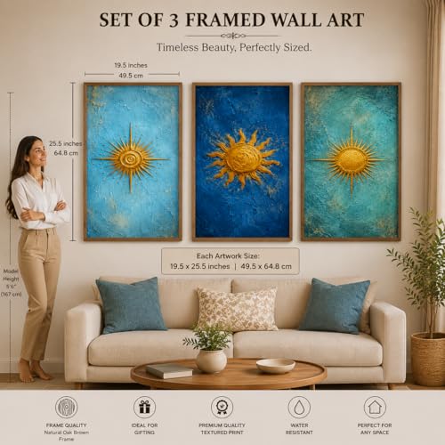 Image of Livin'luxe Set of 3 Golden Sun Abstract Wall Paintings for Living Room Bedroom Hallway Home Decor with Premium Wooden Color Synthetic Frame (25.5 x 19.5 Inch) NM03-71