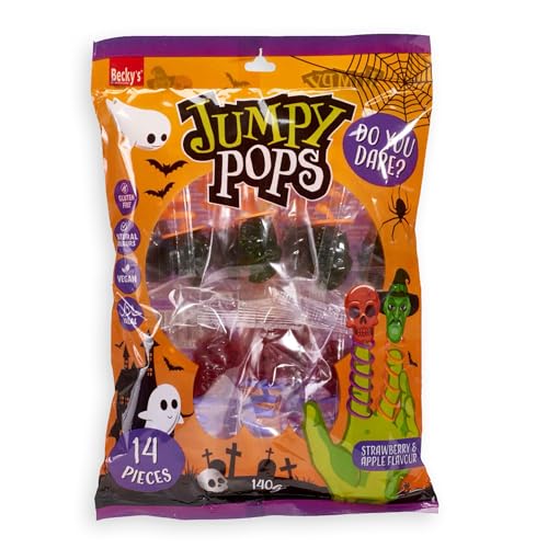 Beckys Jumpy Pops Lollies 140g Süße Totenkopf und Hexenkopf Lutscher mit Spiralfeder zum auf die Finger stecken Süßigkeiten als Party-Mitgebsel für Trick or Treat Kindergeburtstag & Deko
