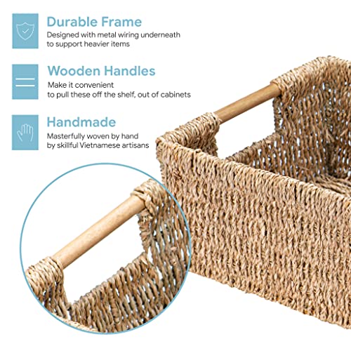 Large Wicker Basket Rectangular With Wooden Handles, Seagrass Basket Storage, Natural Baskets For Organizing, Wicker Baskets For Shelves 15.5 X 10.6 X 5.5 Inches #TOP3