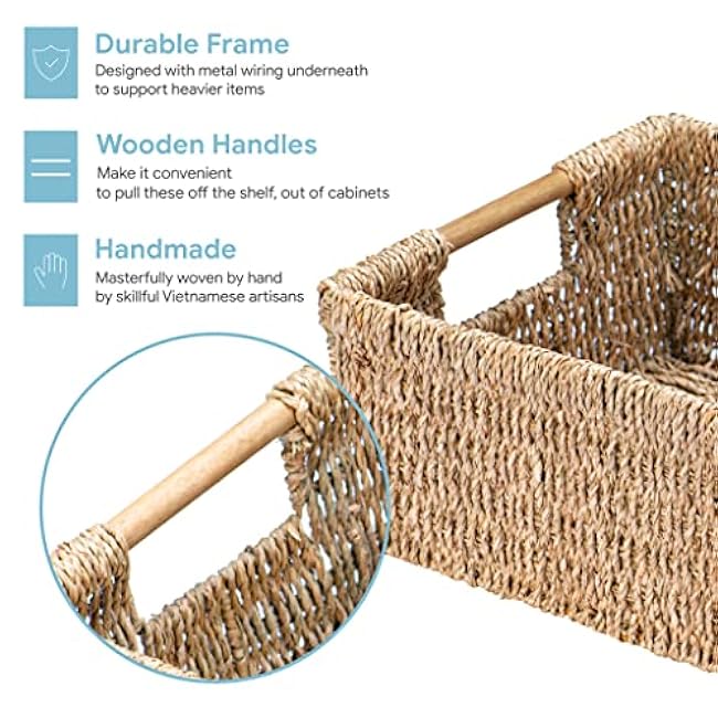 Large Natural Wicker Basket Rectangular with Wooden Handles, Seagrass Storage for Organizing, Shelves 15.5 x 10.6 x 5.5 inches