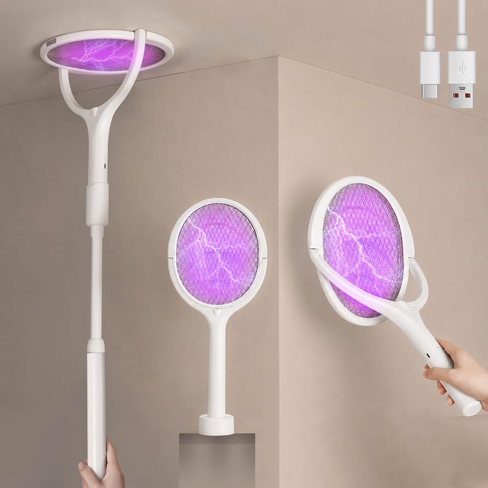 Electric Fly Swatter Racket, Electric Fly Zapper with Rotating Head USB Rechargeable Fly Killer Bug Zapper Racket E-lectric Mosquito Swatter Fly Killer Fly Catcher with Charging Base for Pest Control