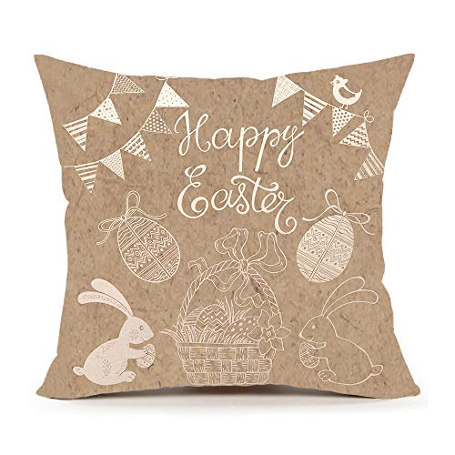 4TH Emotion Rabbit Happy Easter Home Decor Throw Pillow Case Cushion Cover 18 x 18 Inch Cotton Linen