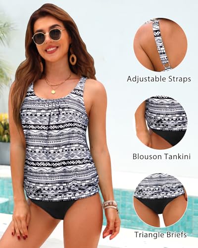 Yonique Blouson Tankini Swimsuits for Women Loose Fit Modest Two Piece Bathing Suits Black and White 20Plus