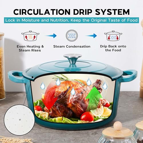 Onader 7QT Dutch Oven Pot with Lid, Cast Iron Large Pot for Bread Baking, Round Dutch Oven, Enameled Heavy Duty Cookware - Dark Cyan