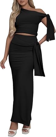 Two Piece Skirt Set for Women - Sexy 2 Pc Outfits Sleeveless One Shoulder Crop Top Maxi Long Bodycon Skirts Sets