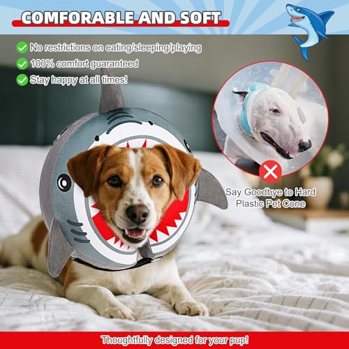 Image of KOOLTAIL Inflatable Dog Cone Collar, Soft Donut E Collar for Dogs After Surgery to Stop Licking Enhanced Alternative, Blow Up Pet Neck Pillow Recovery Adjustable Cone for Dog Cat, Upgrade Size,Shark M