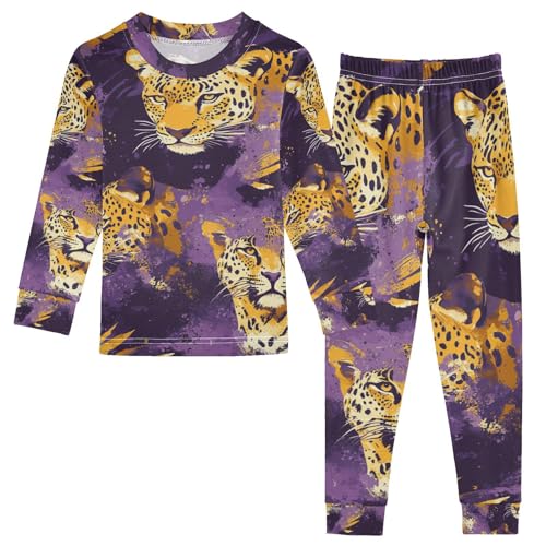Ollabaky Pajama Set Fashion Leopard Animal 2 Piece Pjs Set Cotton Sleepwear Long Sleeve Top with Bottom 8Y