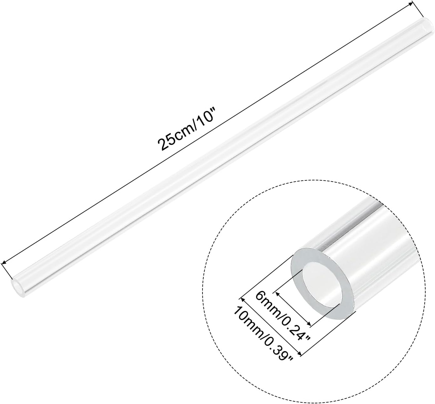 Clear Round Tube 6mm(1/4") ID 10mm(3/8") OD 10" for Lamps and Lanterns, Water Cooling System 2pcs