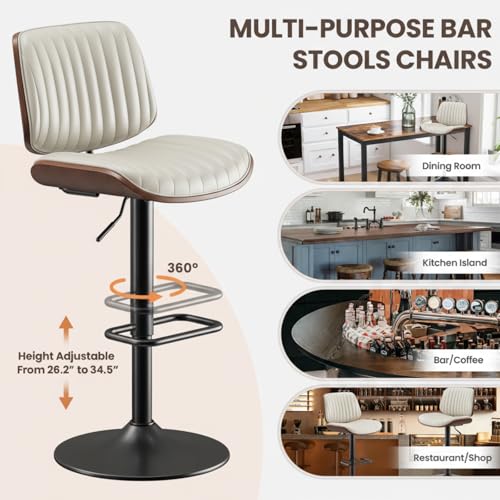 Image of MALOL Bar Stools Set of 6, Adjustable Counter Height Bar Chairs 26 inch-34.5 inch with Swivel & Footrest, Modern Faux Leather Barstools for Kitchen Island, Dining Room,Pub,Beige
